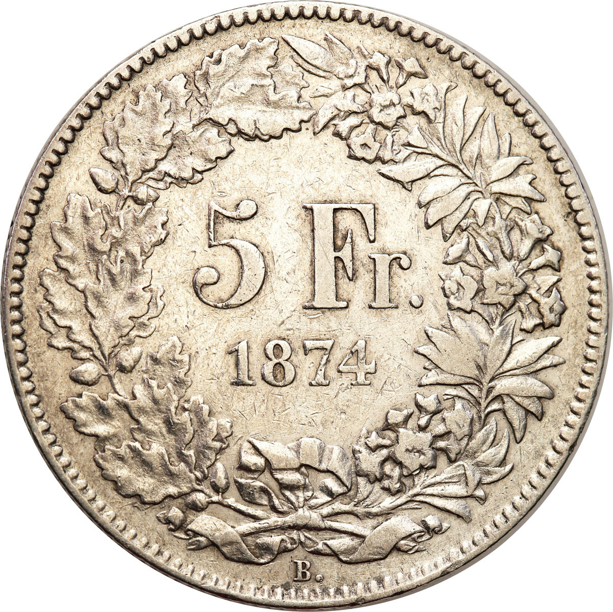 Szwajcaria. 5 franków 1874 B, Berno - rzadsze